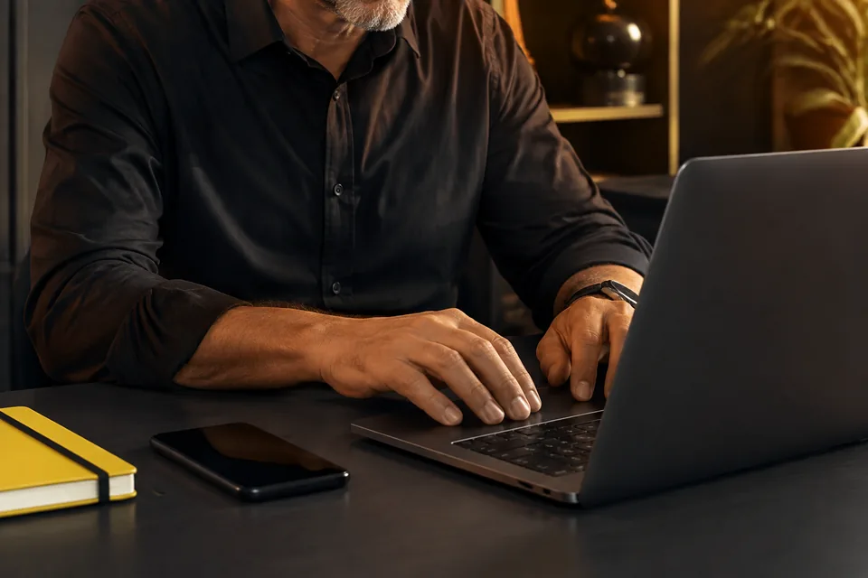Erwachsener an einem Laptop mit Smartphone und gelbem Notizbuch
