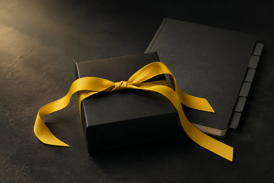 Schwarze Geschenkbox mit gelbem Band neben einem Planer